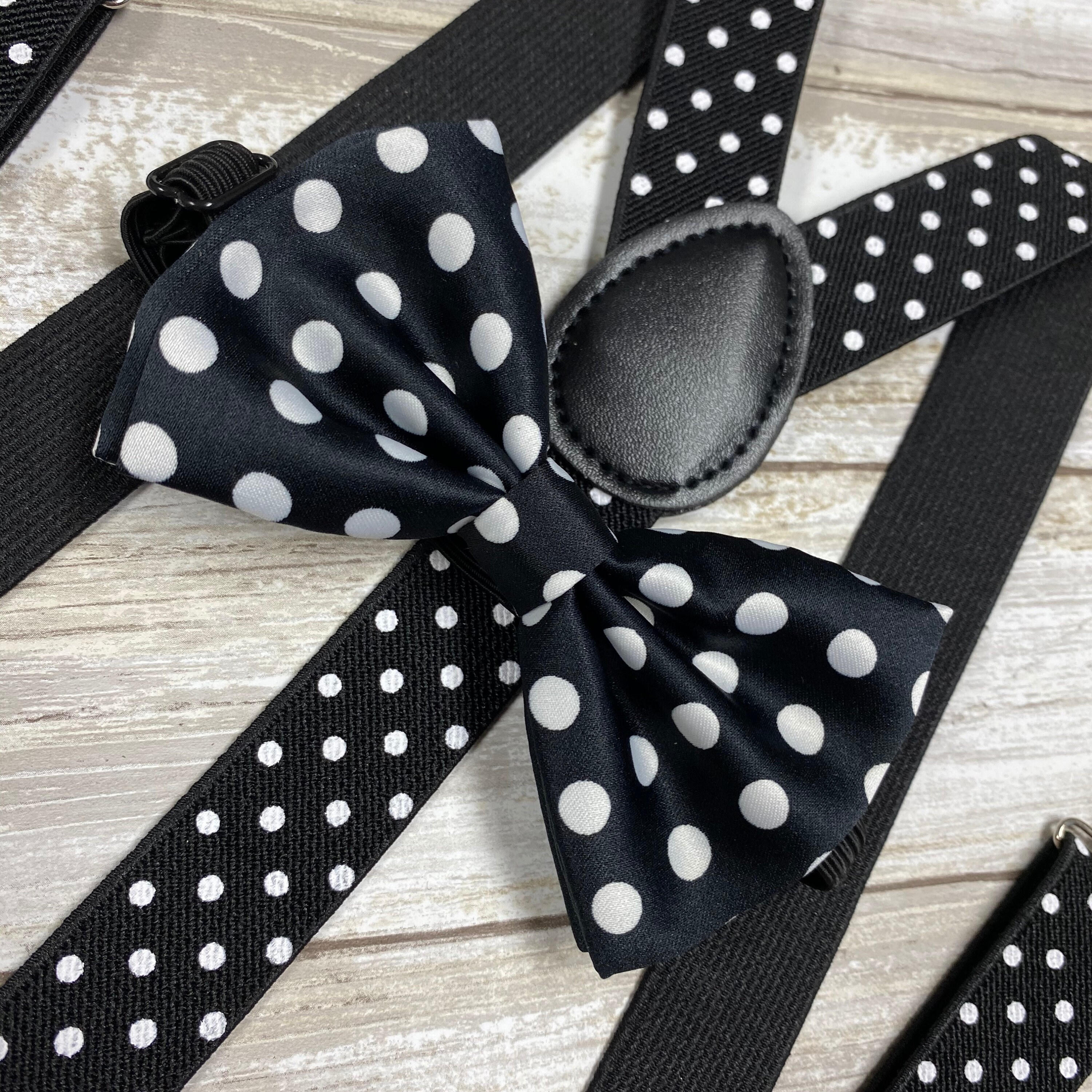 Black White Polka Dot Suspender Bow-tie Matching Set / Wedding Photo Shoot / Adjustable Elastic Suspender / Adults