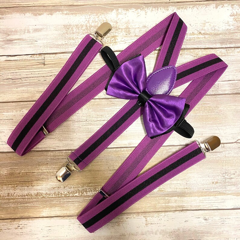 Black Purple Vertical Stripe Clip on Suspender Bow-Tie Combo Matching Set Elastic Y-Shape Adjustable BracesAdults