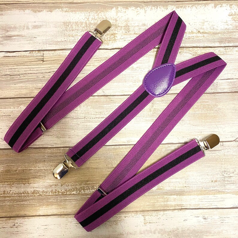Black Purple Vertical Stripe Clip on Suspender Bow-Tie Combo Matching Set Elastic Y-Shape Adjustable BracesAdults