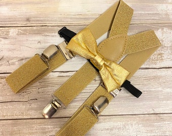 Kid's Suspender/ Bowtie/ Matching Set / Gold Glitter Combo Set / Infant Kids Baby Toddler / Wedding Photo Shoot