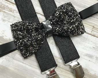 Black Glitter Suspender Bowtie Matching Set / Rhinestones Diamond Crystal / Teens Women Men Adult