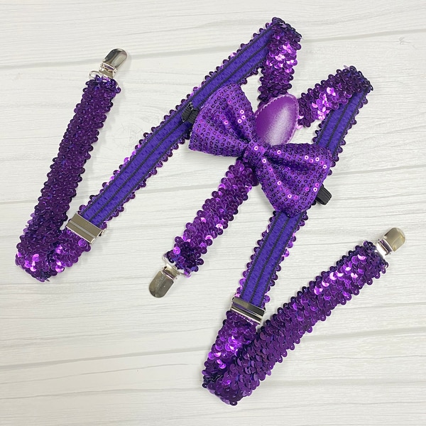 Adults/Teen Purple Sequin Suspender  Bow-tie Matching Set / Wedding Photoshoot / Adjustable Elastic Suspender