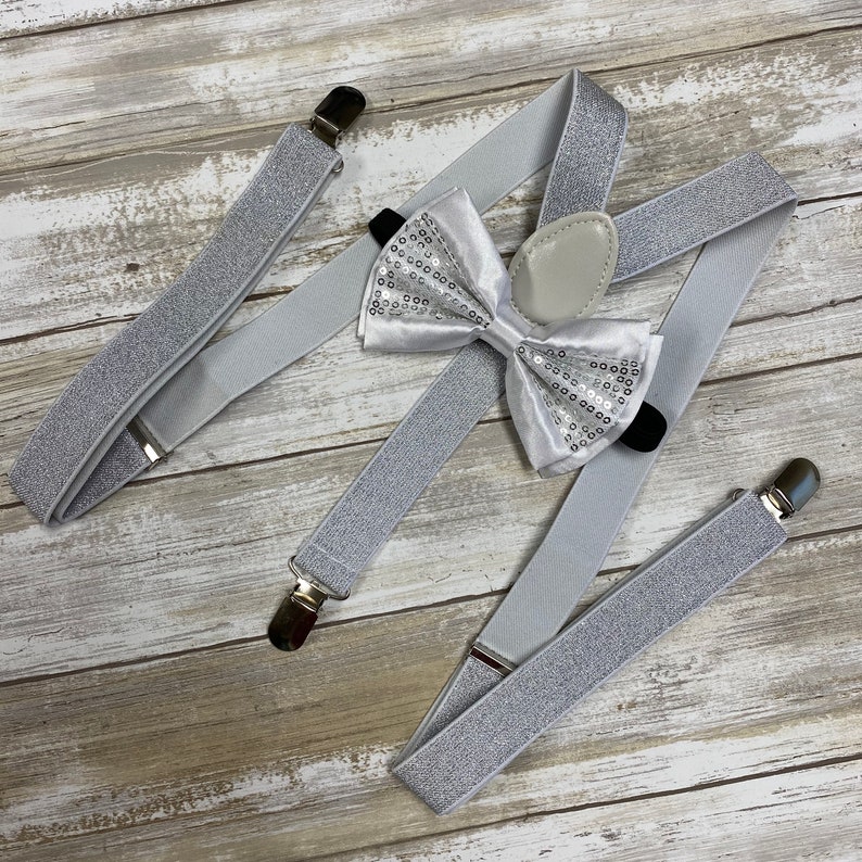 White Glitter Suspender Sequin Bowtie Matching Set / Wedding Etsy