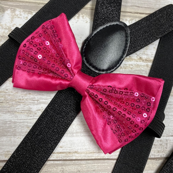 Black Glitter Suspender Hot Pink Sequin Bow-tie Matching Set / Wedding Photo Shoot / Adjustable Elastic Suspender / Adults