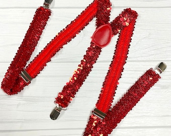 Red Sequin Adults Teens Men's Suspenders/ Adjustable Elastic Suspenders / groomsmen Suspenders/ 1" Inch Suspenders