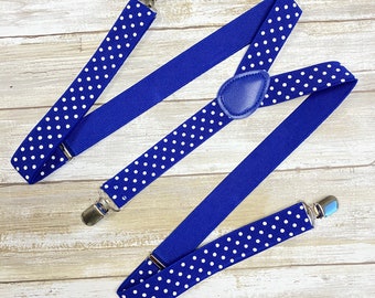 Royal Blue White Polka Dot Men's Suspenders/ Adjustable Elastic Suspenders / groomsmen Suspenders/ 1" Inch Suspenders