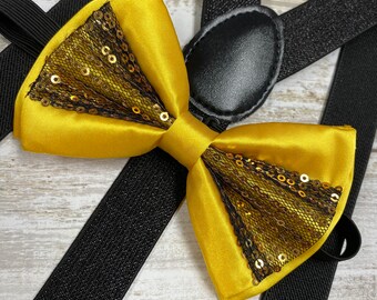 Black Glitter Suspender Yellow Sequin Bow-tie Matching Set / Wedding Photo Shoot / Adjustable Elastic Suspender / Adults