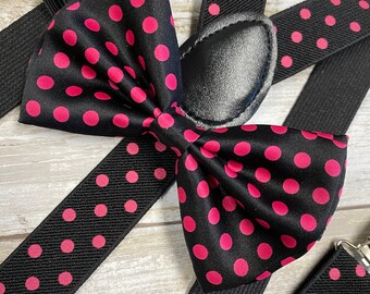 Black Hot Pink Polka Dot Suspender Bow-tie Matching Set / Wedding Photo Shoot / Adjustable Elastic Suspender / Adults