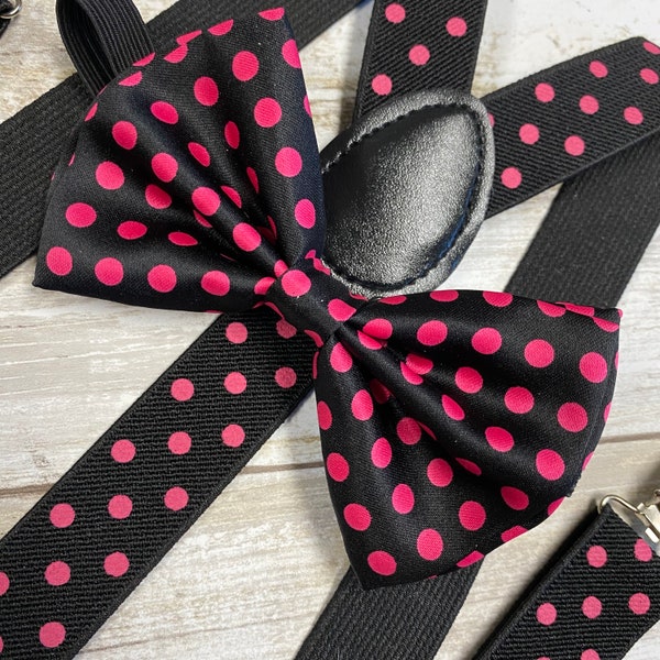 Black Hot Pink Polka Dot Suspender Bow-tie Matching Set / Wedding Photo Shoot / Adjustable Elastic Suspender / Adults