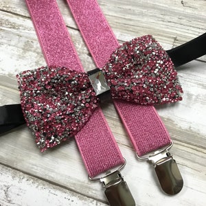 Pink Glitter Suspender Bowtie Matching Set / Rhinestones Diamond Crystal / Teens Mujeres Hombres Adulto