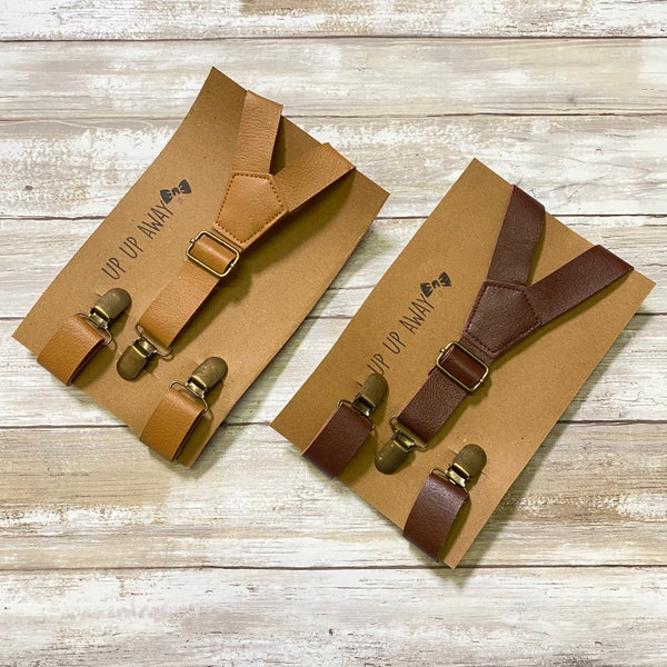 Kids Boys Skinny Faux Leather Suspenders, Wedding, Vintage Gold Clip Rustic Suspenders