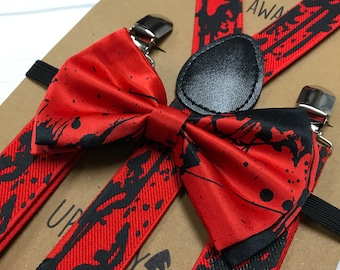 Adults Suspender Bowtie Matching Set / Halloween Red/Black Blood Combo Set / Teen Men Women