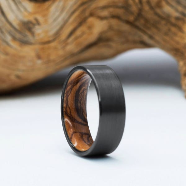 Zirconium and Olivewood ring, Heat Treated Zirconium, Highly Figured Olivewood, Wooden Ring, Black Wedding Band, Black Ring, Mens Ring
