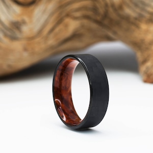 Carbon Fiber and Rosewood Burl ring, Wood Wedding Band, Mens Ring, waterproof finish