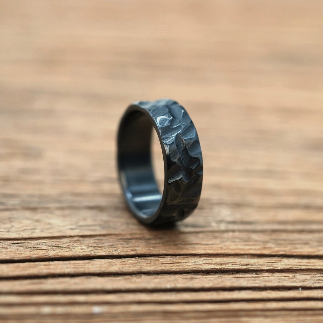 Black Zirconium Ring, Bold Heavy Texture, Heat Treated, Men's Wedding
