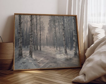 May include: A framed painting of a snowy birch forest with a path leading through the trees. The trees are bare and the ground is covered in snow. The light is soft and diffused, creating a peaceful and serene atmosphere.