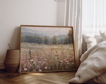 English Countryside Meadow | Vintage Wildflowers Wall Art | Oil Pastel Painting | Impressionistic Art | Printable Art
