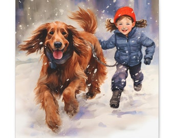 Watercolor Painting Snowy Day, Happy Girl and Dog, Happy Holidays Happy Children Play, Holidays Gift, Mom Gift Winter Vacation Best Mom Gift