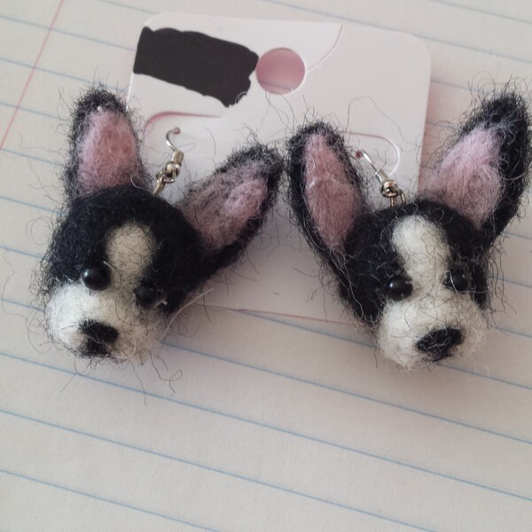 Cute Boston Terrier Earrings Hand made needle felted