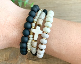 Neutral Bracelet Stack with Black, Gray, Taupe, Cream, and Gold Beads.