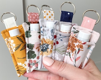 Floral Print Chapstick Holder Keychain, Lip Balm Holder, Chapstick Pouch, Lip Balm Pouch, Keychain