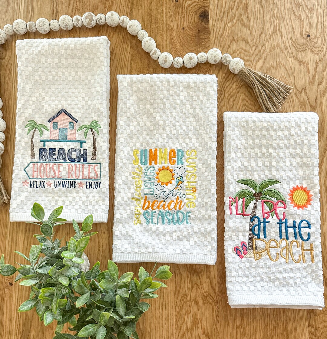 Embroidered Beach Kitchen Towel, Beach House Decor, Summer Decor, Beach
