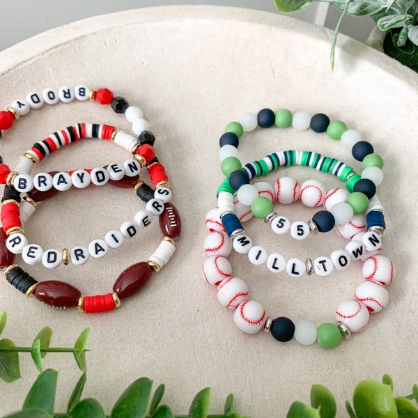 Customizable sports bracelets for mom’s, baseball mom bracelet, football mom bracelet, softball mom bracelet, soccer mom, sports jewelry.