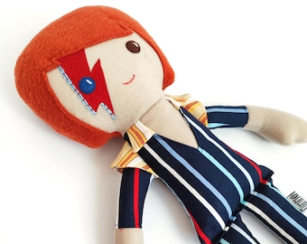 David Bowie inspired handmade rag doll, Ziggy Stardust soft fabric doll