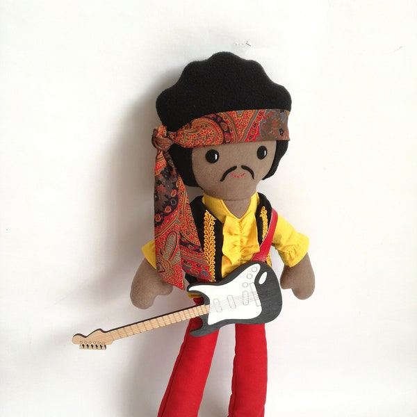 Poupée de chiffon inspirée de Jimi Hendrix, poupée en tissu doux faite main, poupée en tissu de rock star