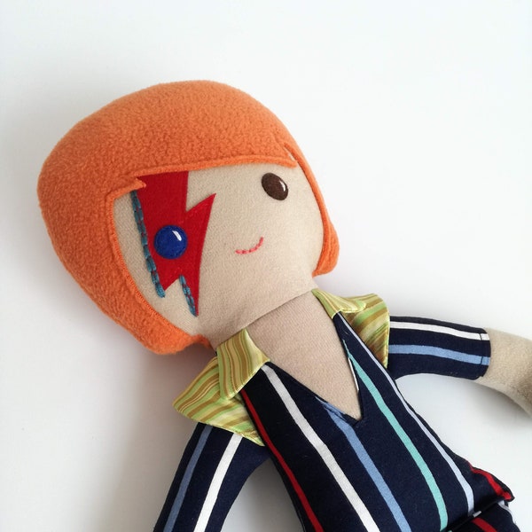 David Bowie inspired handmade rag doll, Ziggy Stardust soft fabric doll