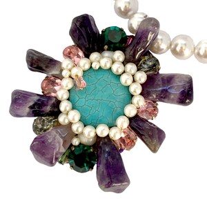 Wild Flower Gemstone Necklace Raw Amethyst Cluster Pendant Turquoise Pearl Necklace Statement Necklace image 3