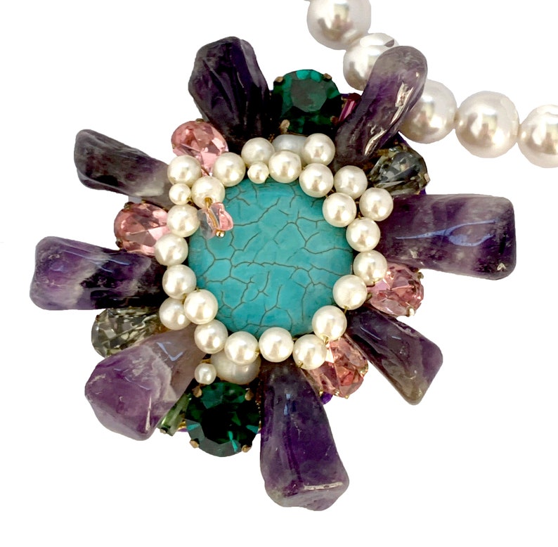 Wild Flower Gemstone Necklace Raw Amethyst Cluster Pendant Turquoise Pearl Necklace Statement Necklace image 3