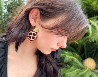 Crystal Pomegranate Earrings | Statement Leather Earrings | Giant Handmade Novelty Earrings