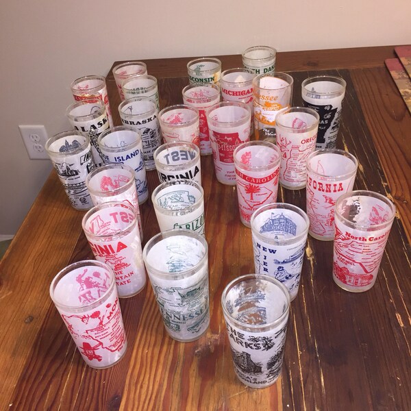 Vintage 50s Retro State Souvenir Glasses 23 Collectible Hazel Atlas 8 oz Tumblers Crafts Display Glassware Fair-Gd Cond Buy them all!