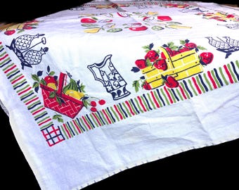 Vintage 50s Small Tablecloth Fruits/ Baskets Cheerful Colors Cotton VG Cond