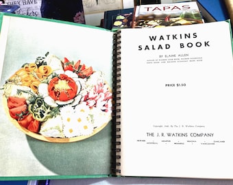 Vintage 40s Watkins Salad Book Spiral Bound Colorful Retro Recipes 251 pps Kitschy Kitchen Collectible VG Cond