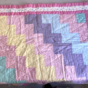 Vintage Handmade Baby Quilt: Pastel Patchwork Cotton, USA Made (33-1/2 x 53&quot;)