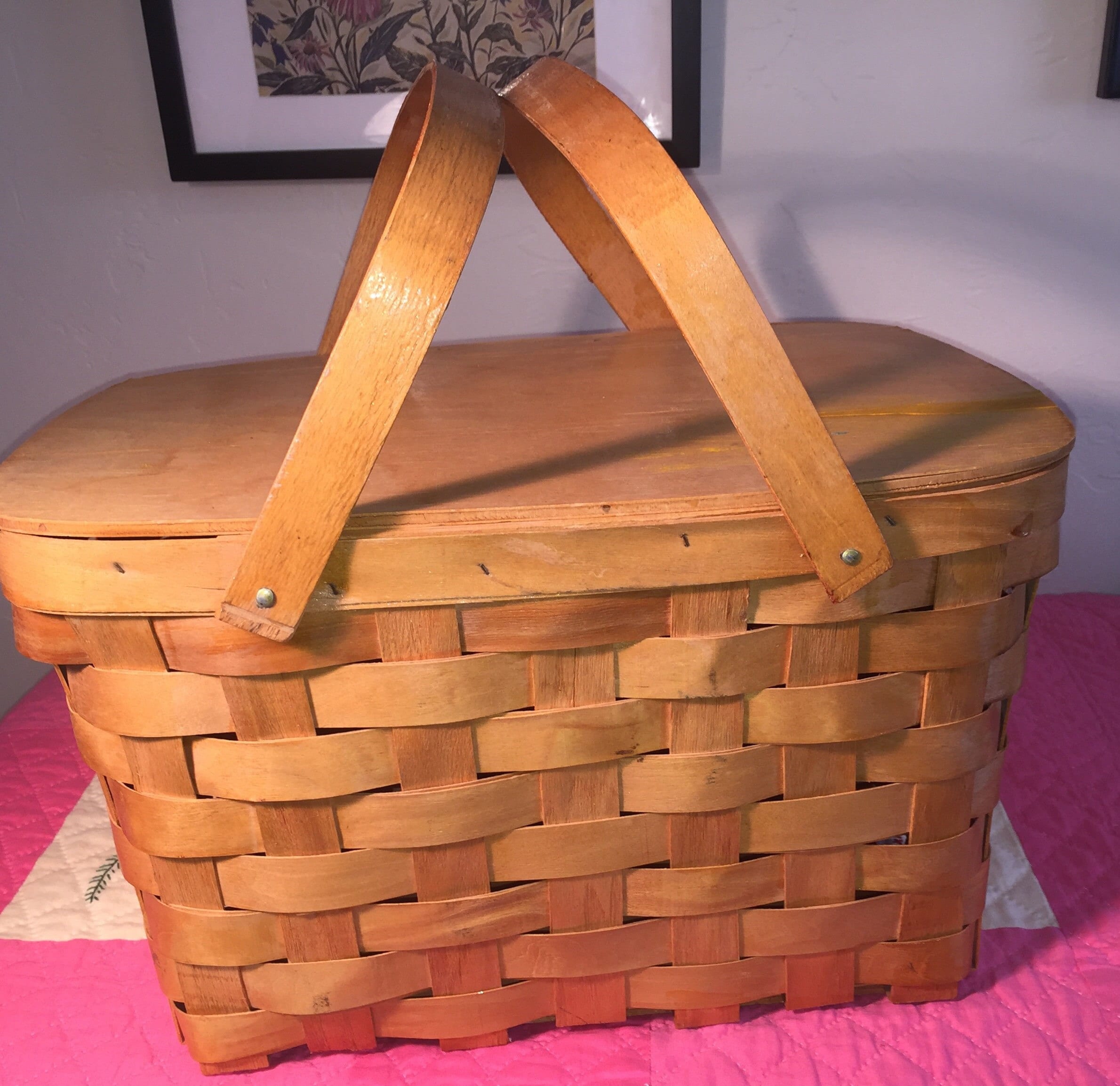 Vintage Faux Basket Weave Metal Picnic Hamper / 1940s Hinged Picnic