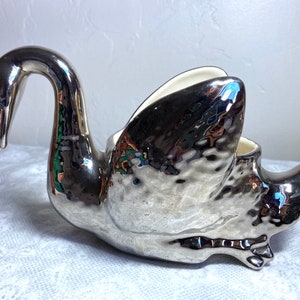 Rare 40s Retro Ceramic Swan Planter Silver Glazed Lustreware Made in Ohio USA Exc Mint Cond