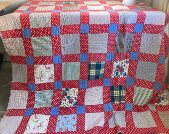 Vintage Handmade Patchwork Quilt Faded Red White Blue Print Backing All Cotton 72 x 80 Delightful! Estate Find Needs Some TLC Good Cond