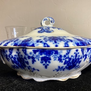 Antique Flow Blue Covered Dish: 1910 Ridgways Osborne, 14k Gold Trim