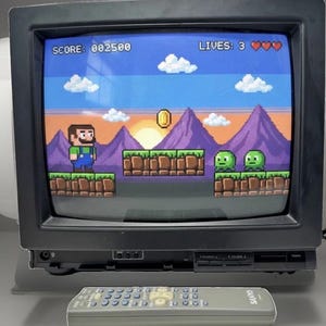 May include: A black cathode ray tube television displaying a pixelated platform video game with a character, a gold coin, and green enemies. The screen shows a score of 002500 and 3 lives. A grey Sanyo remote control rests in front of the television.
