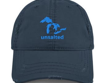 Great Lakes Unsalted Geborduurde Distressed Dad Hat | Kies je borduurkleur | Great Lakes-cadeau