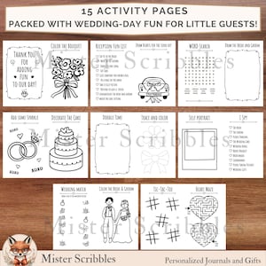 May include: A set of 15 black and white wedding activity pages for children featuring various games and coloring tasks including a word search, tic-tac-toe, a heart maze, and illustrations of a wedding cake, bouquet, and a bride and groom.