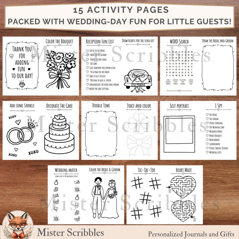 May include: A set of 15 black and white wedding activity pages for children featuring various games and coloring tasks including a word search, tic-tac-toe, a heart maze, and illustrations of a wedding cake, bouquet, and a bride and groom.