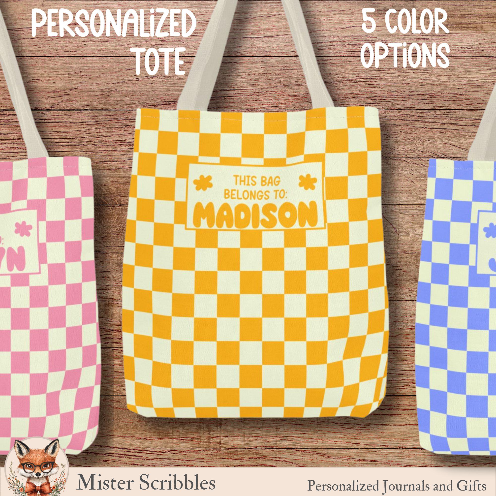 Personalized Tote Bag, Checkered Pattern Tote Bag, Library Bag, 90's Y2k, Groovy Tote, Cute Trendy Gifts for Girls, Kids Tween Teen Gifts