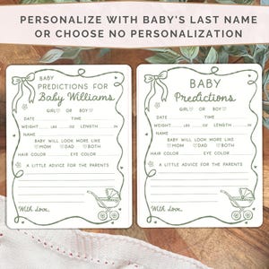 May include: Two white rectangular baby prediction cards with sage green line art featuring a bow, a baby carriage, and text including "Baby Predictions for Baby Williams" and "Baby Predictions" with blank lines for date, time, weight, length, and advice.