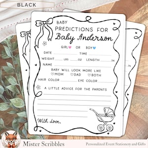 May include: A white card with black ink featuring the text Baby Predictions for Baby Anderson. The card includes lines for date, time, weight in lbs and oz, length in inches, name, hair color, eye color, and advice for parents with a stroller.