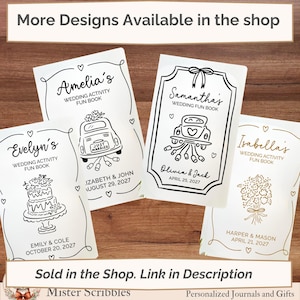 May include: Four white rectangular wedding activity fun books with black or gold line art illustrations. Designs include a wedding car with cans, a tiered cake, and a floral bouquet. Each book features personalized names and wedding dates.