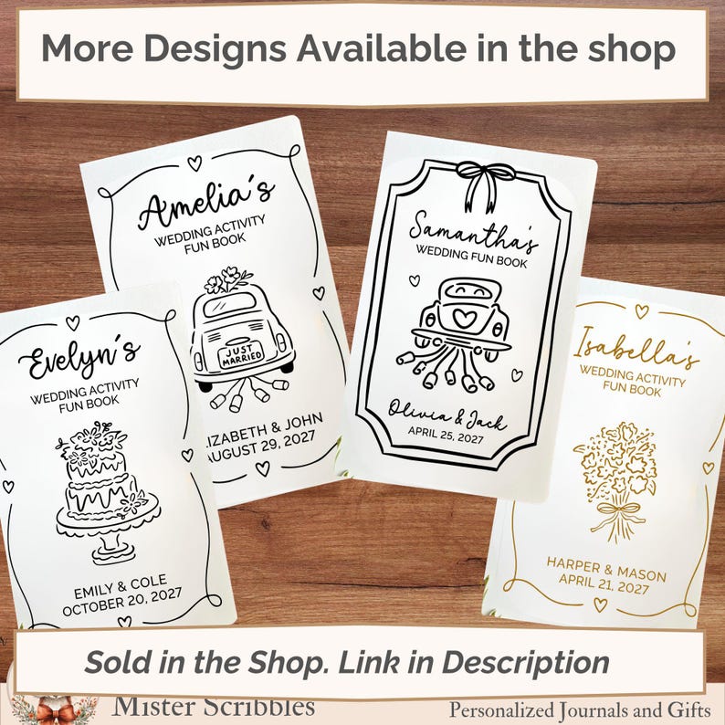 May include: Four white rectangular wedding activity fun books with black or gold line art illustrations. Designs include a wedding car with cans, a tiered cake, and a floral bouquet. Each book features personalized names and wedding dates.